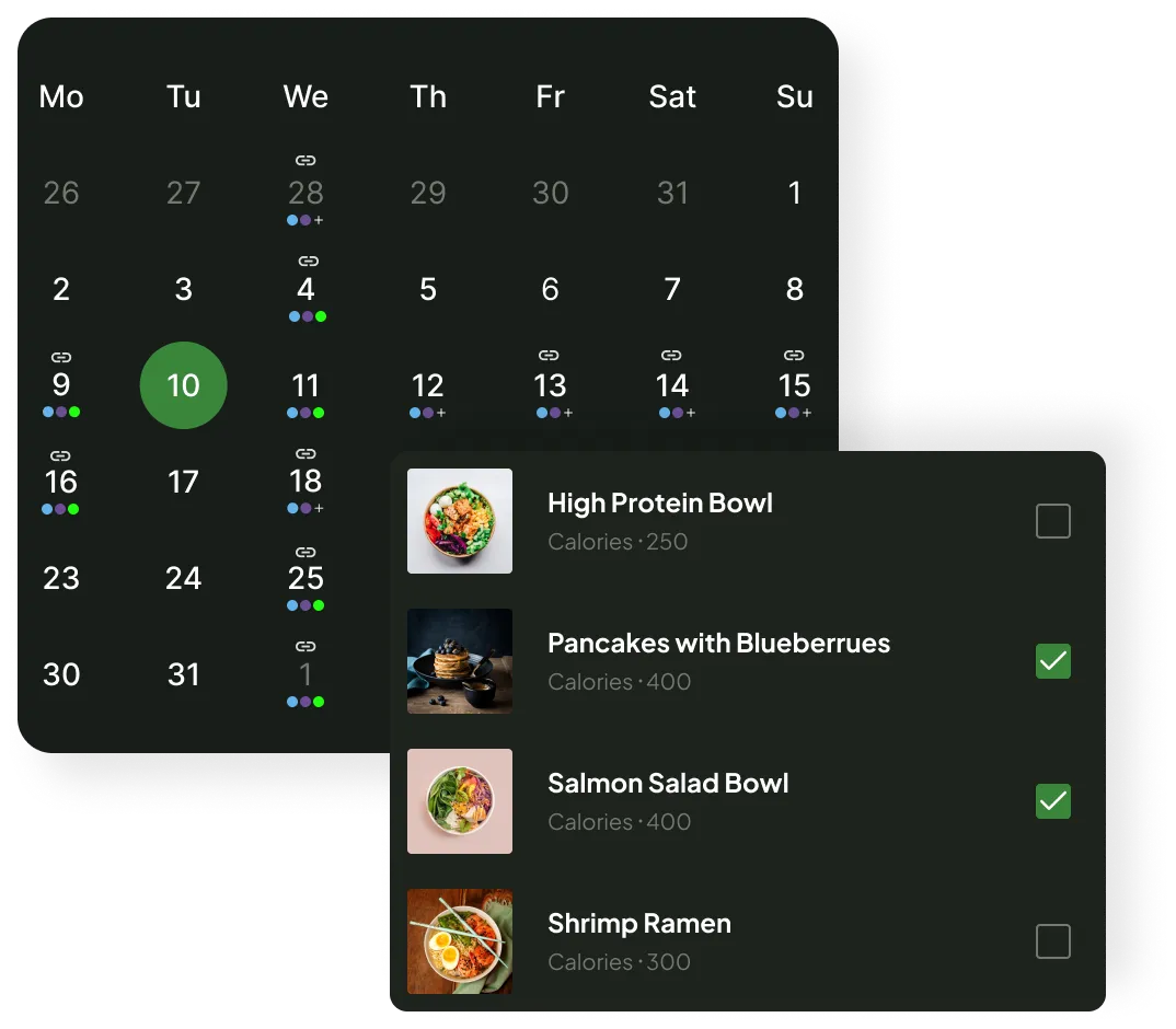 FitStack quick meal logging interface with calendar view